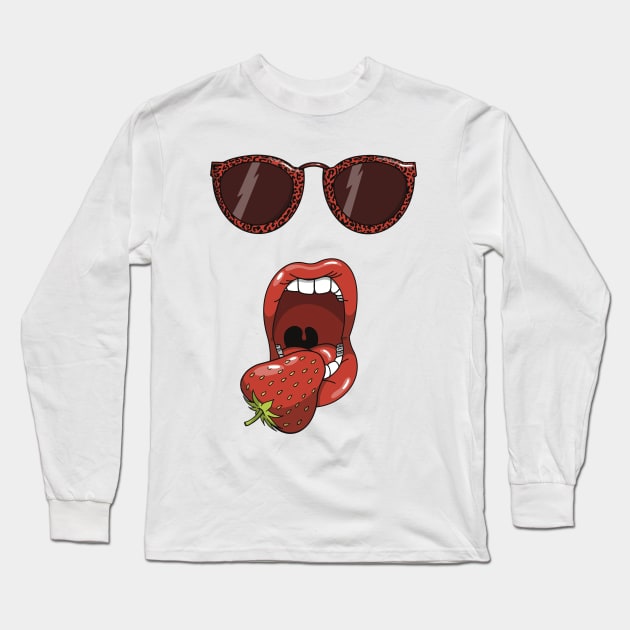 Mouth about to eat a delicious red strawberry while wearing matching red leopard print sun glasses. Long Sleeve T-Shirt by Fruit Tee